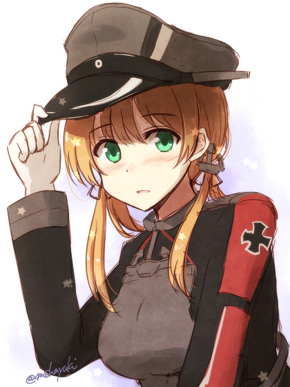 1girl anchor blonde_hair blush eyebrows_visible_through_hair gloves green_eyes hat kantai_collection long_hair long_sleeves low_twintails mashayuki military military_hat military_uniform open_mouth peaked_cap prinz_eugen_(kantai_collection) solo twintails twitter_username uniform white_gloves