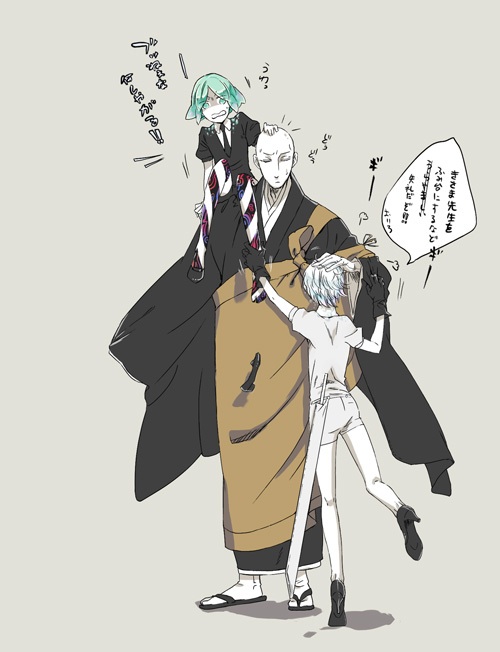 1boy 2others androgynous antarcticite bald black_gloves closed_eyes gem_uniform_(houseki_no_kuni) gloves green_hair houseki_no_kuni japanese_clothes jealous kesa kongou_sensei mawaregimi necktie phosphophyllite sandals shirt short_hair short_sleeves shorts sitting_on_shoulder smile striped striped_legwear translation_request weapon white_hair