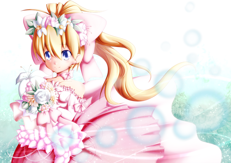 bangs blonde_hair blue_eyes blush bouquet bow capcom ciel_(rockman) dress elbow_gloves eyebrows_visible_through_hair flower flower_on_head frilled_dress frills gloves hair_between_eyes hair_bow hair_flower hair_ornament happy head_wreath high_ponytail holding holding_bouquet huge_bow inti_creates long_hair pink_bow pink_dress pink_wedding_dress ponytail rockman rockman_zero semikichi smile solo wedding_dress