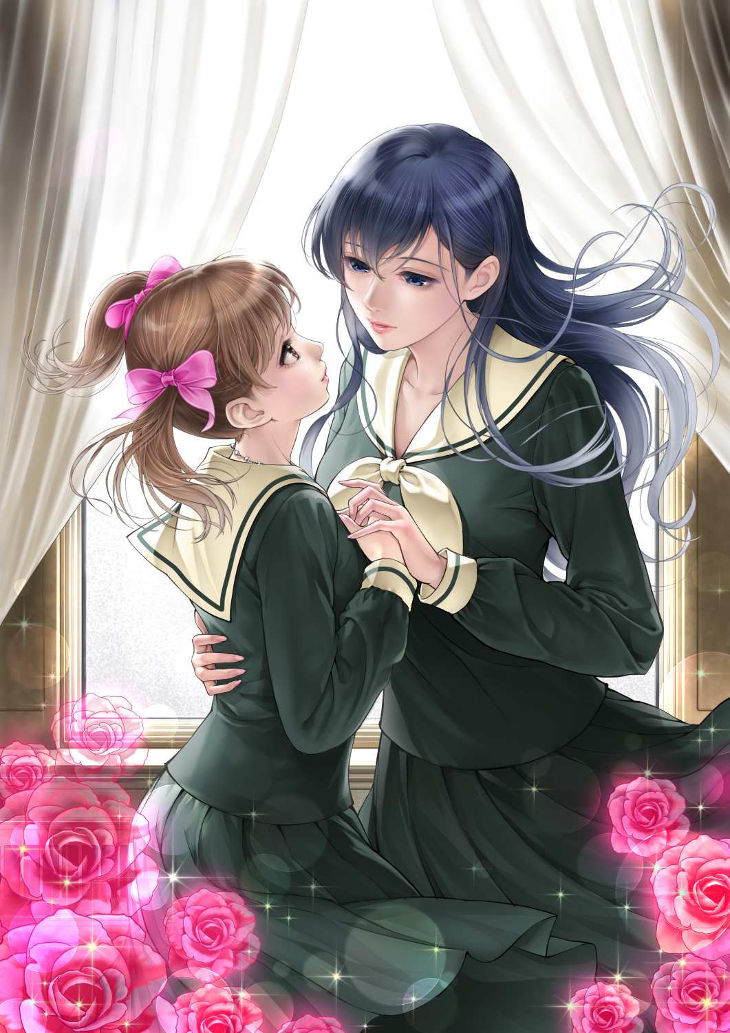 2girls backlighting black_eyes black_hair brown_eyes brown_hair curtains floating_hair flower fukuzawa_yumi hair_ribbon hand_holding highres lips long_hair looking_at_another maria-sama_ga_miteru multiple_girls nijigin ogasawara_sachiko parted_lips pink_flower pink_ribbon pink_rose pleated_skirt profile ribbon rose school_uniform serafuku skirt sparkle touching twintails wind window yuri