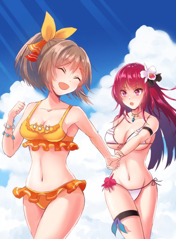 2girls :d :o bad_arm bikini blue_sky bow breasts brown_hair cattleya_(flower_knight_girl) cleavage closed_eyes clouds day facing_viewer flower_bracelet flower_knight_girl frilled_bikini frills hair_between_eyes hair_bow hand_holding jewelry kusumoto_miya large_breasts long_hair looking_at_another medium_breasts multiple_girls navel necklace oncidium_(flower_knight_girl) open_mouth orange_bikini orange_bow outdoors ponytail short_ponytail side-tie_bikini sky smile standing swimsuit thigh_strap thighs violet_eyes white_bikini