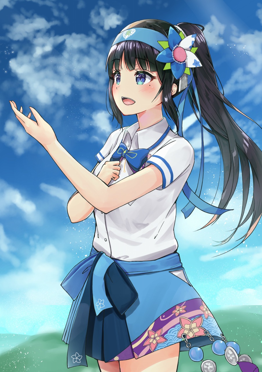 1girl :d aoi_ch. bangs black_hair blue_bow blue_eyes blue_hairband blue_skirt blue_sky blush bow clouds collared_shirt commentary_request day eyebrows_visible_through_hair fuji_aoi hairband highres long_hair mole mole_under_eye open_mouth outdoors ponytail racchi. school_uniform shirt short_sleeves sidelocks skirt sky smile solo upper_teeth very_long_hair virtual_youtuber white_shirt