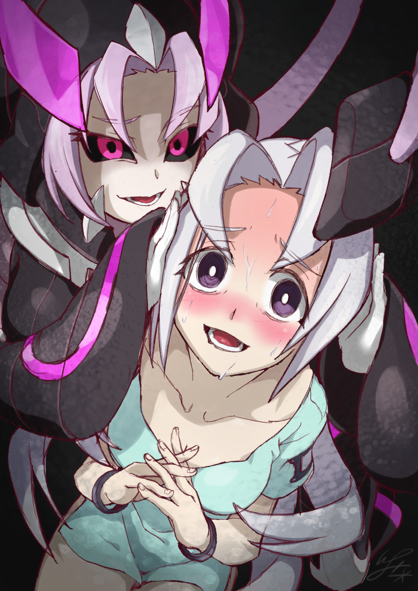 2girls :d azure_striker_gunvolt azure_striker_gunvolt_2 black_sclera blush breasts bright_pupils cleavage collarbone dual_persona elise_(gunvolt) eyebrows eyebrows_visible_through_hair eyelashes eyes_visible_through_hair fingernails furrowed_eyebrows hands_on_another's_head interlocked_fingers io_naomichi long_hair looking_at_viewer medium_breasts multiple_girls nose_blush open_mouth pink_eyes purple_hair smile sweat tareme teeth tongue uneven_eyes very_long_hair white_hair white_pupils