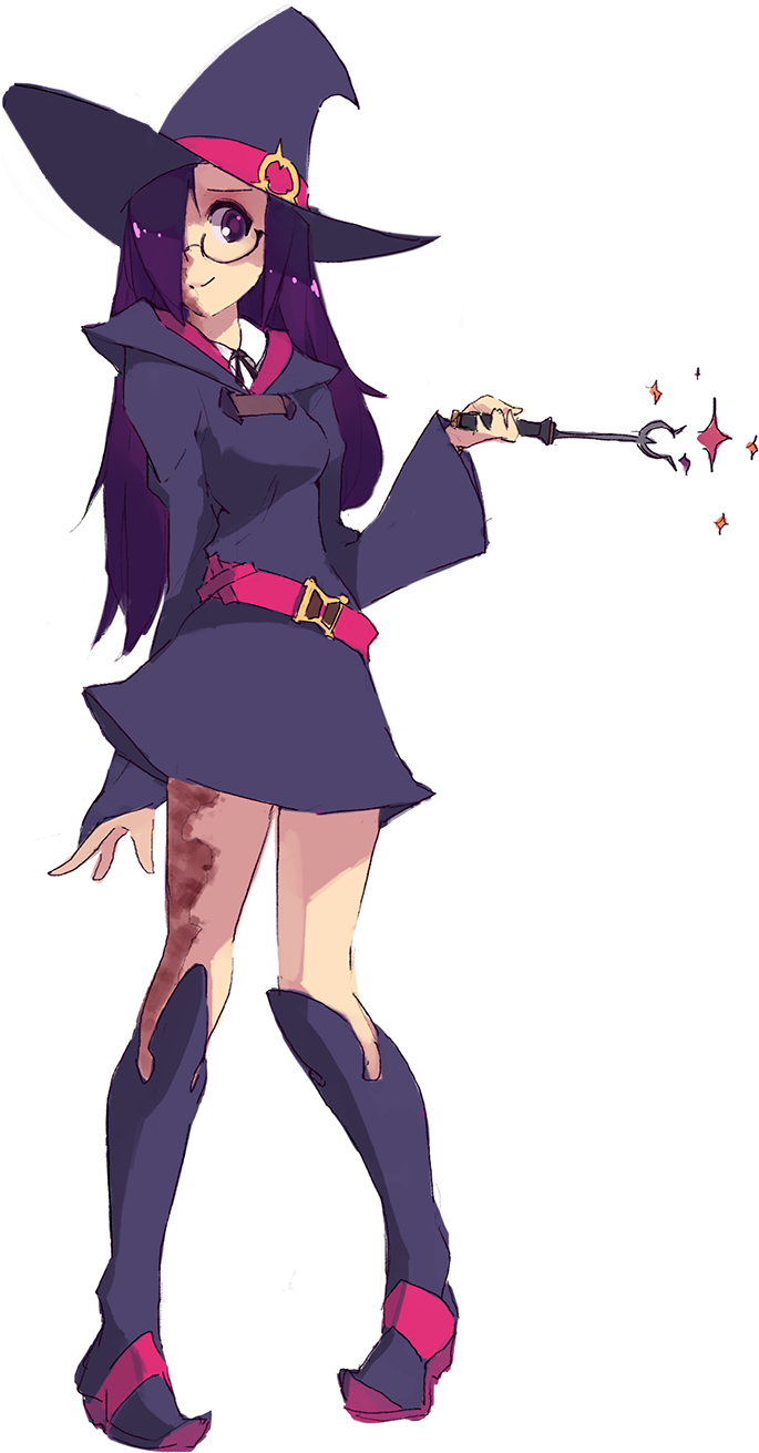 1girl alternate_costume belt boots burn_scar commentary english_commentary full_body glasses hair_over_one_eye hat highres ikezawa_hanako katawa_shoujo knee_boots little_witch_academia long_hair long_sleeves looking_at_viewer luna_nova_school_uniform purple_hair robe rtil scar simple_background sketch smile solo sparkle violet_eyes wand white_background wide_sleeves witch_hat