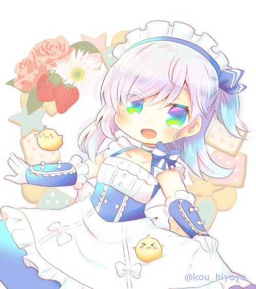 &gt;_&lt; 1girl :d animal apron azur_lane bangs belfast_(azur_lane) bird blue_dress blue_eyes blush bow closed_eyes commentary_request dress eyebrows_visible_through_hair flower food frilled_apron frills fruit gloves hair_between_eyes kouu_hiyoyo long_hair looking_at_viewer maid_headdress one_side_up open_mouth pink_flower pink_rose rose silver_hair smile solo star strawberry twitter_username waist_apron white_apron white_background white_bow white_flower white_gloves