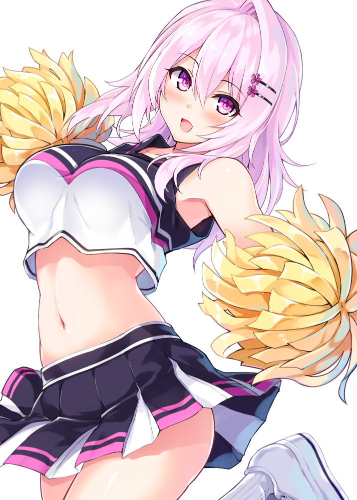 1girl :d bangs bare_shoulders black_skirt blush breasts cheerleader commentary_request crop_top cu-no eyebrows_visible_through_hair hair_between_eyes hair_ornament hairclip hisenkaede holding leaning_to_the_side long_hair medium_breasts midriff navel open_mouth original pink_hair pleated_skirt pom_poms shirt shoes simple_background single_hair_intake skirt sleeveless sleeveless_shirt smile socks solo violet_eyes white_background white_footwear white_legwear yayoi_sakura