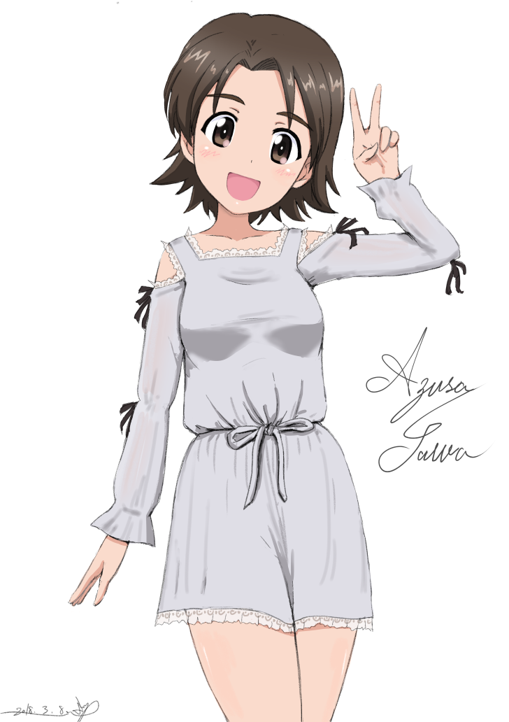 1girl :d artist_name bangs blue_dress brown_eyes brown_hair bukkuri casual character_name cowboy_shot dated dress girls_und_panzer head_tilt lace lace-trimmed_dress long_sleeves looking_at_viewer open_mouth parted_bangs sawa_azusa short_dress short_hair shoulder_cutout signature simple_background smile solo standing v white_background