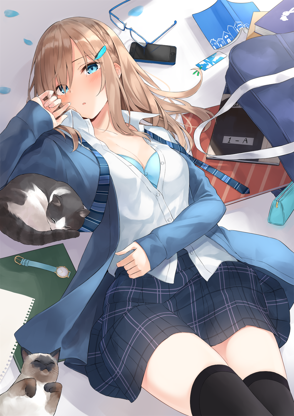 1girl azuuru bag bangs black_legwear black_skirt blazer blonde_hair blue_bra blue_eyes blush bra cat cellphone day dress_shirt eyewear_removed glasses hair_ornament hairpin highres jacket long_hair looking_at_viewer loose_necktie lying necktie notebook on_back open_blazer open_clothes open_jacket original parted_lips partially_unbuttoned phone plaid plaid_skirt school_bag school_uniform shade shirt skirt smartphone solo striped thigh-highs thighs underwear watch watch