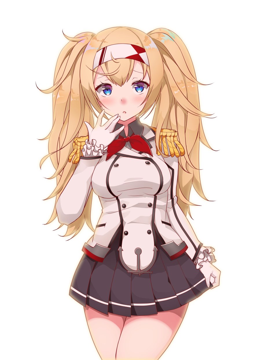 1girl bangs blonde_hair blue_eyes blush breasts cosplay epaulettes frills gambier_bay_(kantai_collection) gloves hair_between_eyes hairband hand_to_own_face highres kantai_collection kashima_(kantai_collection) kashima_(kantai_collection)_(cosplay) kirigakure_(kirigakure_tantei_jimusho) legs_crossed long_hair long_sleeves looking_at_viewer medium_breasts military military_uniform miniskirt neckerchief open_mouth pleated_skirt red_neckwear sidelocks simple_background skirt skirt_tug solo thighs twintails uniform watson_cross white_background white_gloves