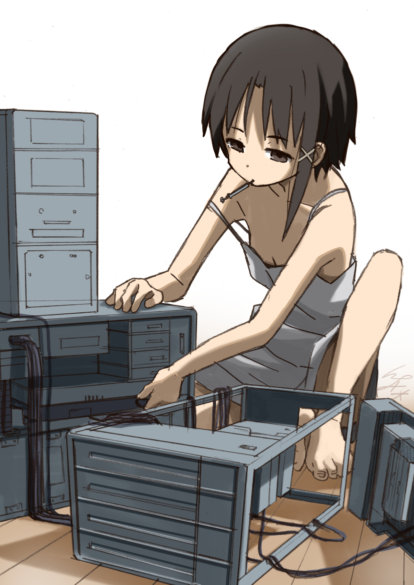 1girl asymmetrical_hair bangs bare_arms bare_legs bare_shoulders barefoot black_eyes black_hair breasts cable cleavage collarbone dress eyebrows eyebrows_visible_through_hair hair_ornament io_naomichi iwakura_lain mouth_hold serial_experiments_lain short_hair simple_background sitting small_breasts solo strap_slip toenails white_background white_dress x_hair_ornament