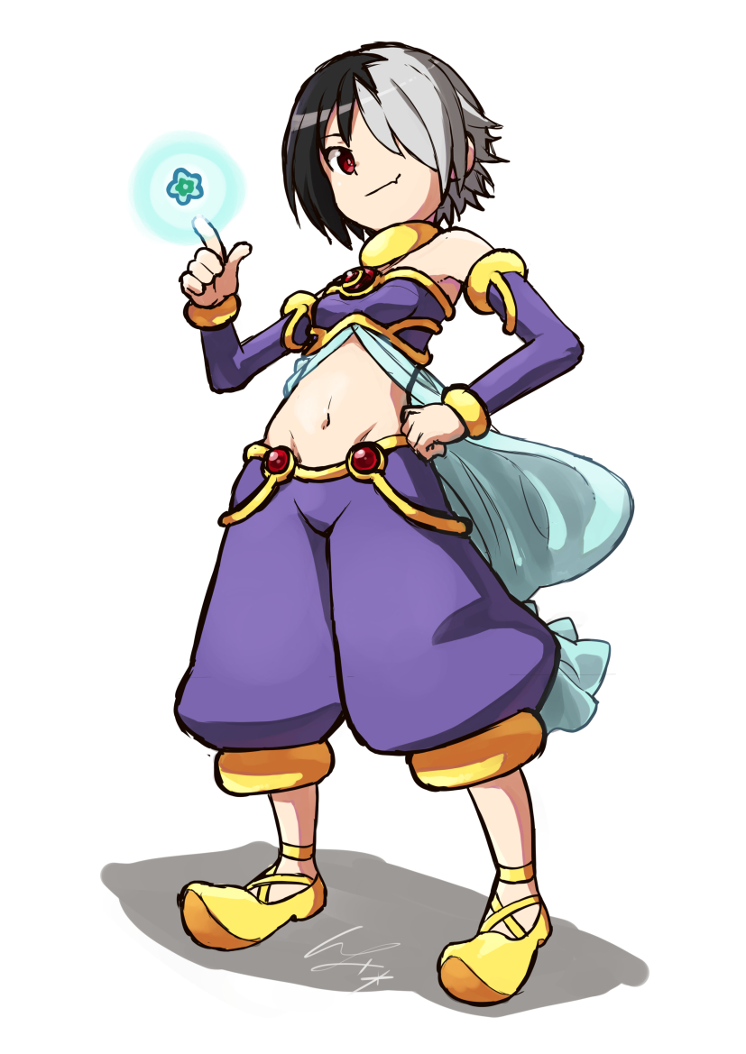 1girl bangs bare_shoulders black_hair closed_mouth detached_sleeves eyebrows fang groin hair_over_one_eye hand_on_hip index_finger_raised io_naomichi legs_apart long_sleeves majin_shoujo midriff multicolored_hair navel pants purple_pants red_eyes shadow shoes short_hair silver_hair smile solo standing stomach strapless tubetop two-tone_hair yellow_footwear zizou_olympia