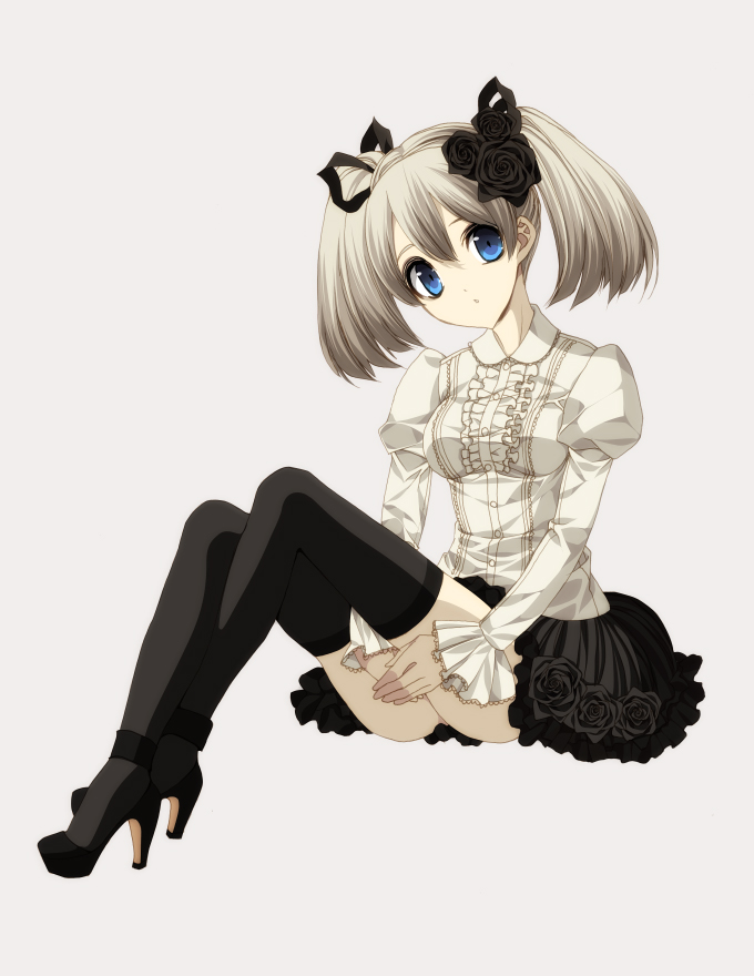 1girl bangs bent_knees black_flower blue_eyes flower frilled_skirt frilled_sleeves frills fringe grey_background hair_flower hair_ornament headdress high_heels looking_at_viewer misteor open_mouth original petticoat ribbon rose short_hair simple_background sitting skirt solo surprised thigh-highs thighs tied_hair twintails underwear white_hair zettai_ryouiki