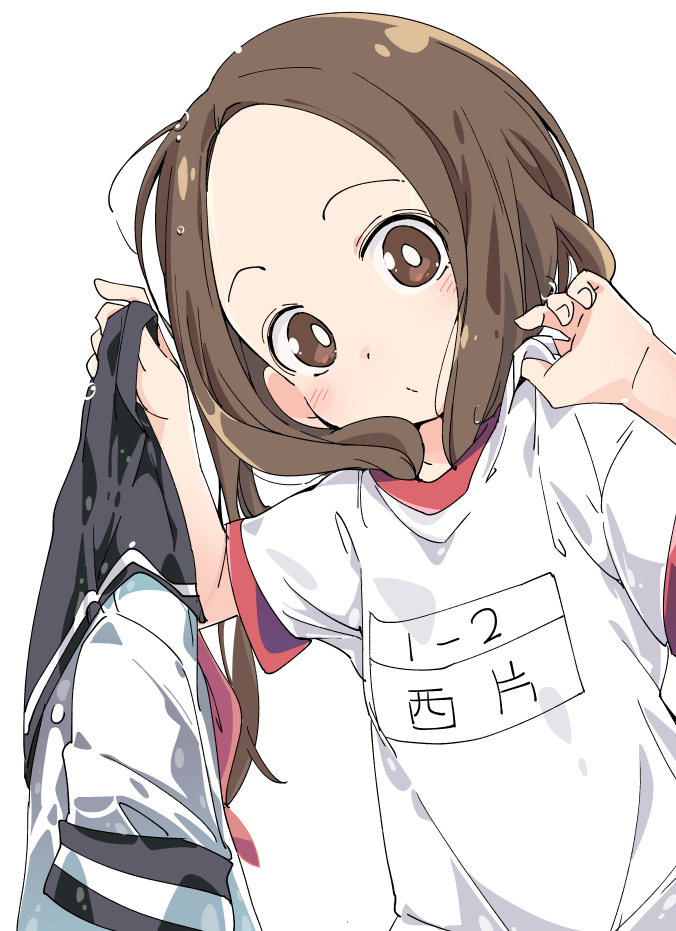 1girl bangs black_sailor_collar blush brown_eyes brown_hair closed_mouth fingernails forehead gym_shirt head_tilt ixy karakai_jouzu_no_takagi-san long_hair looking_at_viewer neckerchief parted_bangs red_neckwear sailor_collar school_uniform serafuku shirt shirt_removed short_sleeves solo takagi-san wet wet_clothes wet_hair wet_shirt white_shirt