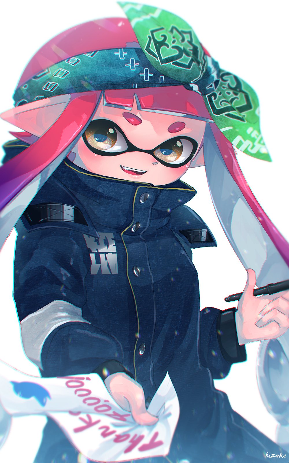 1girl :d bandanna bangs black_coat blunt_bangs blurry brown_eyes buttons chromatic_aberration coat commentary_request depth_of_field fang gradient_hair green_background high_collar highres holding holding_paper holding_pen hood hood_down hooded_coat inkling inkling_(language) kashu_(hizake) long_hair long_sleeves looking_at_viewer monster_girl multicolored_hair open_mouth paper pen pink_hair pointy_ears purple_hair reaching_out short_eyebrows signature smile solo splatoon splatoon_2 tentacle_hair thank_you twitter