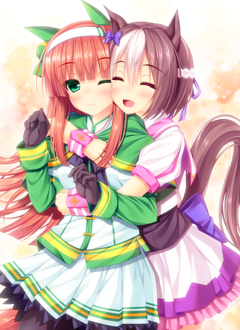 2girls :d ;) animal_ears bangs black_gloves black_legwear blush bow braid brown_hair closed_eyes closed_mouth commentary_request crying eyebrows_visible_through_hair gloves green_eyes hair_between_eyes hair_bow hairband highres horse_ears horse_girl horse_tail hug hug_from_behind long_hair long_sleeves multicolored_hair multiple_girls one_eye_closed open_mouth pantyhose pleated_skirt puffy_short_sleeves puffy_sleeves purple_bow purple_ribbon revision ribbon shirt short_over_long_sleeves short_sleeves silence_suzuka skirt smile special_week streaked_hair tail tears umamusume very_long_hair white_hair white_hairband white_legwear white_shirt yunagi_amane