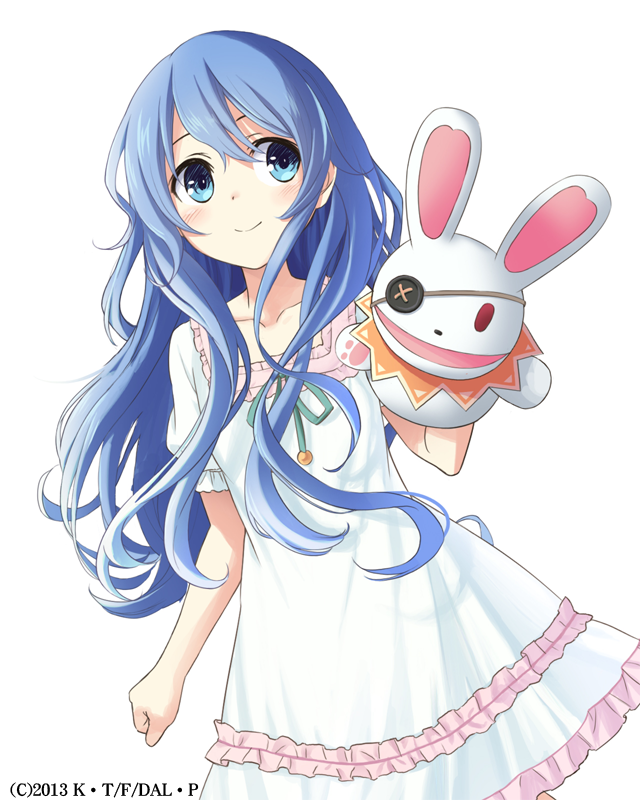 1girl blue_eyes blue_hair cowboy_shot date_a_live dress floating_hair hair_between_eyes konoe_(fogtracks) long_hair looking_away short_dress short_sleeves simple_background smile solo standing sundress very_long_hair white_background white_dress yoshino_(date_a_live) yoshinon