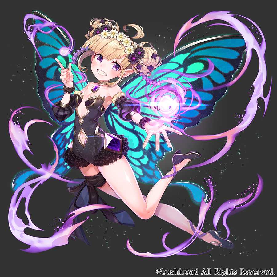 1girl :d ahoge bangs bare_shoulders black_background black_dress black_footwear blonde_hair blunt_bangs breasts butterfly_wings detached_sleeves double_bun dress fairy flower full_body hair_flower hair_ornament head_wreath legband looking_at_viewer magic navel navel_cutout official_art open_mouth pointing pointy_ears puffy_short_sleeves puffy_sleeves shoes short_hair short_sleeves small_breasts smile toshi_gahara triple_monsters violet_eyes wings