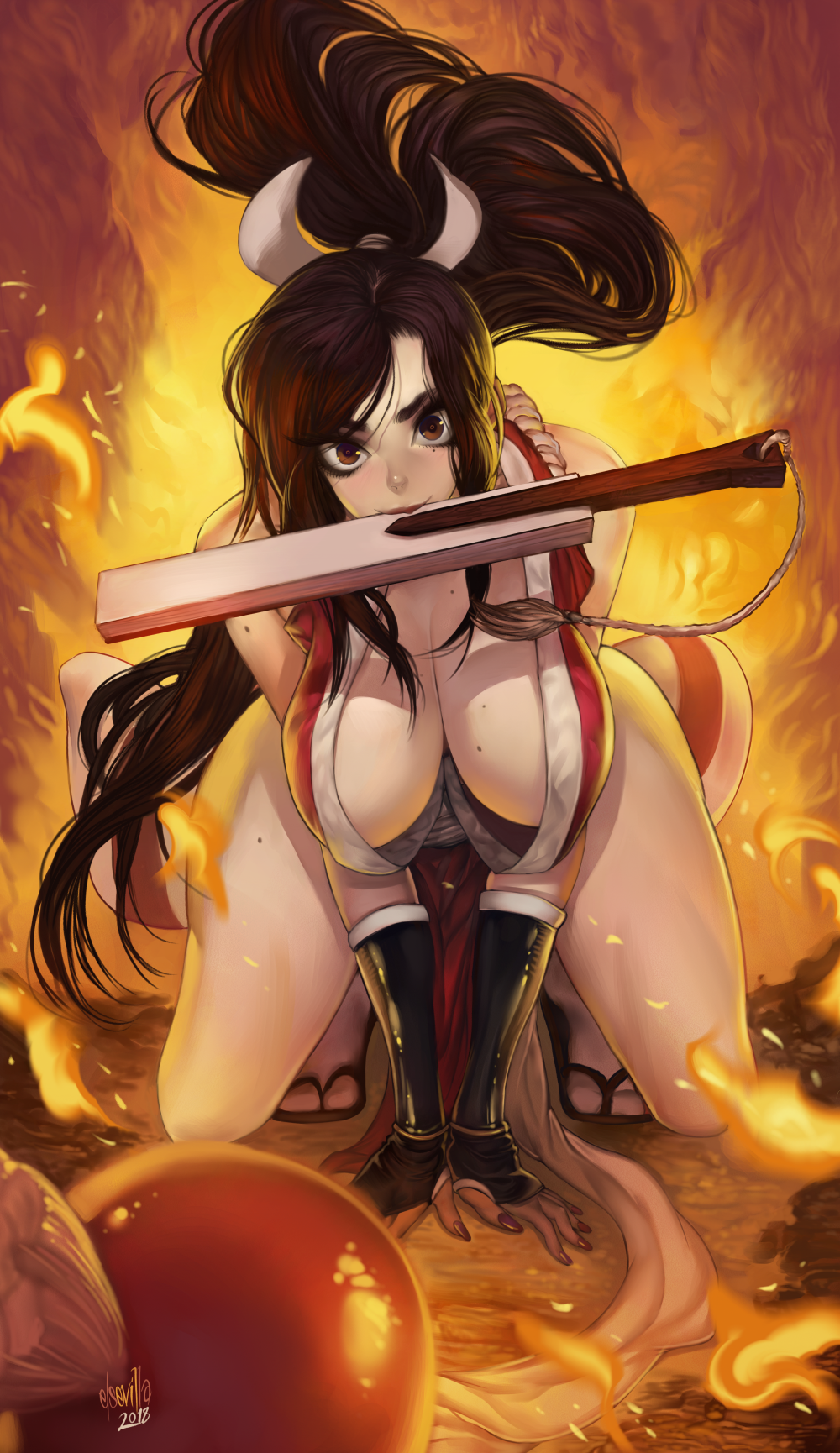 1girl 2018 all_fours artist_name breasts brown_eyes brown_hair cleavage dated embers fatal_fury fingerless_gloves fire gloves hanging_breasts hector_enrique_sevilla_lujan highres large_breasts looking_at_viewer mouth_hold nail_polish ponytail red_nails sandals shiranui_mai smile solo the_king_of_fighters