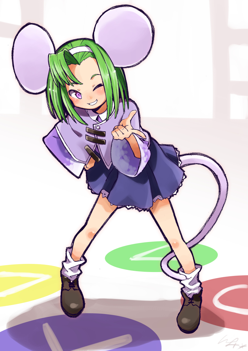 1girl ;) animal_ears bending_forward bent_over black_footwear brave_fencer_musashiden capelet circle collared_shirt full_body green_hair hairband hand_on_hip index_finger_raised io_naomichi legs_apart long_sleeves loose_socks mouse_ears mouse_tail one_eye_closed purple_capelet purple_shirt shirt shoes short_hair single_hair_intake smile solo square standing tail topo_(musashiden) triangle violet_eyes white_hairband white_legwear wide_sleeves