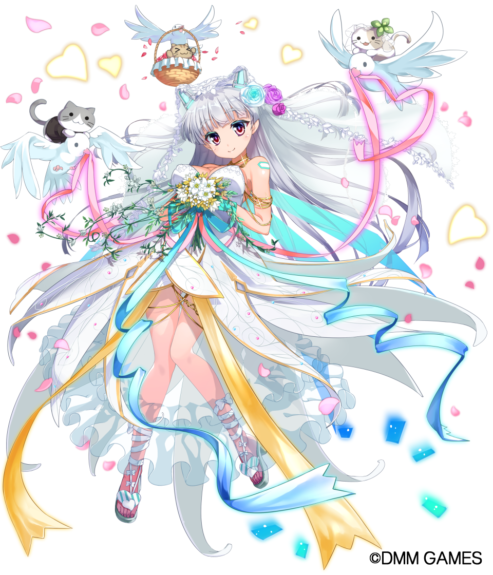 &gt;_&lt; :3 armlet bare_shoulders basket bird blue_ribbon bouquet breasts brown_eyes cat clover dove dress eyebrows_visible_through_hair flower full_body hair_flower hair_ornament heart hellnyaa holding holding_flower long_hair medium_breasts noel official_art petals pink_ribbon ribbon riding_bird silver_hair smile standing veil very_long_hair watermark wedding_dress white_dress x-overd yellow_ribbon