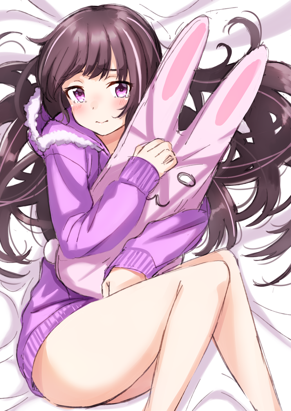 1girl ass bed_sheet blush brown_hair closed_mouth commentary_request feet_out_of_frame fur-trimmed_hood fur_trim highres hood hood_down hoodie long_hair long_sleeves looking_at_viewer lying no_pants object_hug on_back original purple_hoodie sleeves_past_wrists solo stuffed_animal stuffed_bunny stuffed_toy tears tsukiman very_long_hair violet_eyes