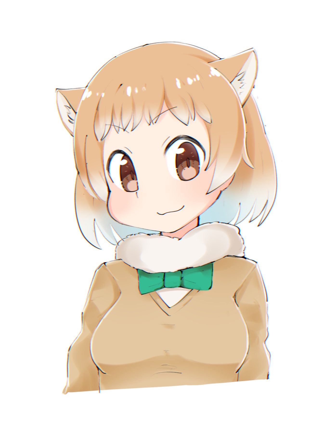 1girl animal_ears black-tailed_prairie_dog_(kemono_friends) bow bowtie commentary_request eyebrows_visible_through_hair fur_collar highres kemono_friends light_brown_hair long_sleeves menturm1120 multicolored_hair prairie_dog_ears short_hair smile solo sweater upper_body white_hair