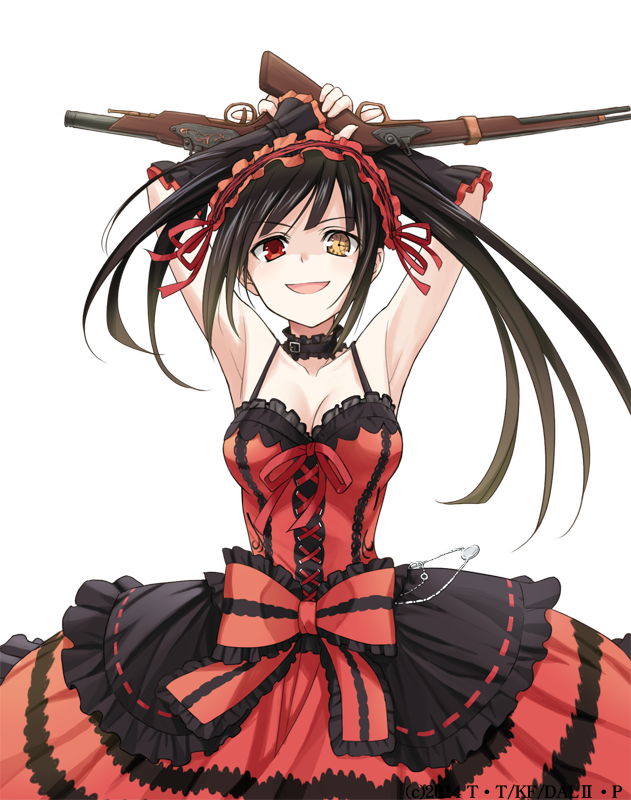 1girl :d armpits arms_up asymmetrical_hair black_hair bow breasts choker cleavage clock_eyes collarbone date_a_live detached_sleeves dress dual_wielding eyebrows_visible_through_hair floating_hair frilled_bow frills gothic_lolita gun heterochromia holding holding_gun holding_weapon konoe_(fogtracks) lolita_fashion long_hair medium_breasts open_mouth red_bow red_dress red_eyes sleeveless sleeveless_dress smile solo standing symbol-shaped_pupils tokisaki_kurumi transparent_background twintails weapon yellow_eyes