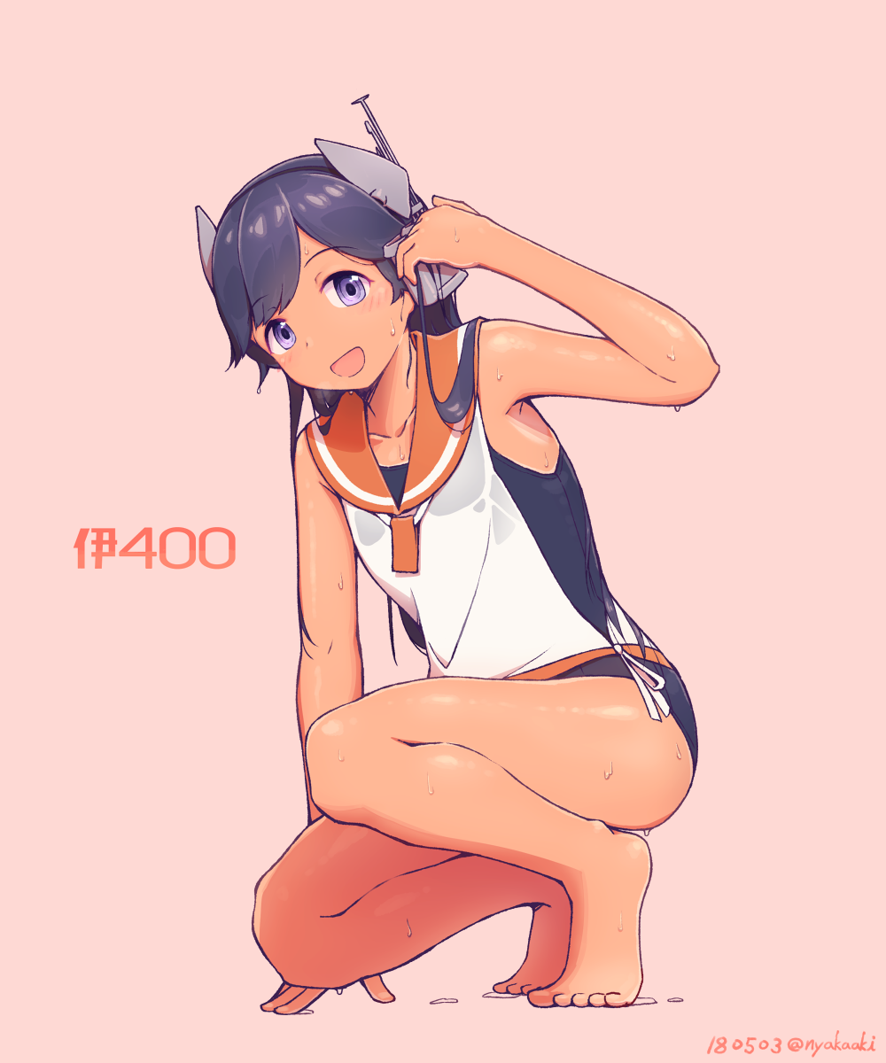 1girl :d barefoot black_hair black_swimsuit character_name dated highres i-400_(kantai_collection) kantai_collection long_hair mumyoudou open_mouth orange_sailor_collar pink_background sailor_collar sailor_shirt school_swimsuit shirt simple_background sleeveless sleeveless_shirt smile solo swimsuit swimsuit_under_clothes twitter_username violet_eyes white_shirt