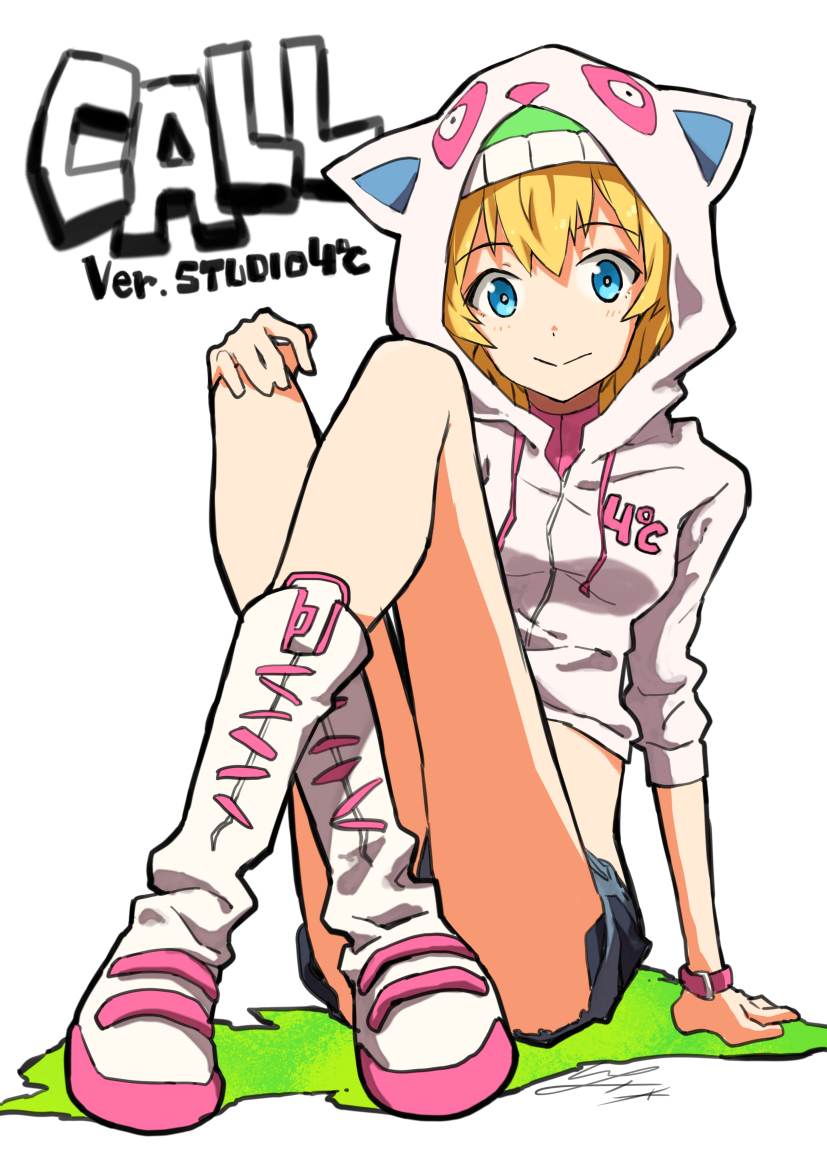 1girl :&gt; animal_hood arm_at_side bangs blonde_hair blue_eyes blue_shorts boots breasts call_(red_ash) cat_hood character_name closed_mouth crop_top eyebrows eyebrows_visible_through_hair hair_between_eyes hand_on_own_knee hood hood_up hoodie io_naomichi legs_crossed red_ash short_hair shorts simple_background sitting small_breasts smile solo turtleneck white_background white_footwear white_hoodie wristband