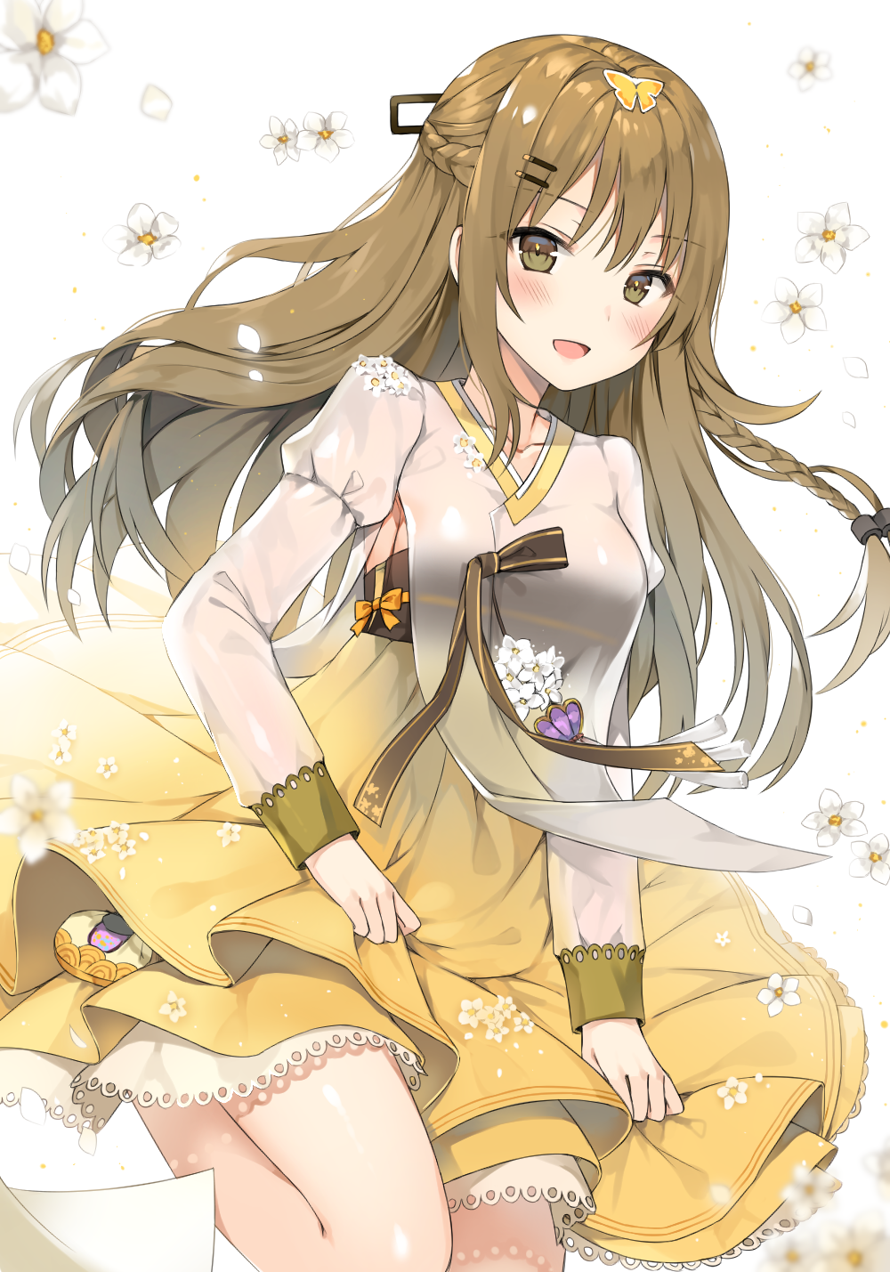 1girl :d armpit_cutout bangs blurry blurry_foreground blush braid breasts brown_eyes brown_hair butterfly_hair_ornament canape_(canape0130) collarbone commentary depth_of_field dress eyebrows_visible_through_hair flower french_braid girls_frontline hair_between_eyes hair_ornament hairclip hanbok highres holding_dress holding_skirt juliet_sleeves k-2_(girls_frontline) korean_clothes long_hair long_sleeves medium_breasts open_mouth puffy_sleeves side_braid sidelocks simple_background smile solo standing standing_on_one_leg thighs very_long_hair white_background white_flower