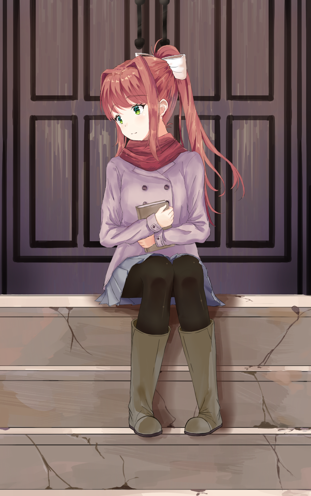 1girl alternate_costume atychi black_legwear book boots brown_hair coat commentary_request doki_doki_literature_club eyebrows_visible_through_hair green_eyes highres holding holding_book knee_boots light_smile long_hair looking_to_the_side monika_(doki_doki_literature_club) pantyhose pleated_skirt scarf sitting skirt solo