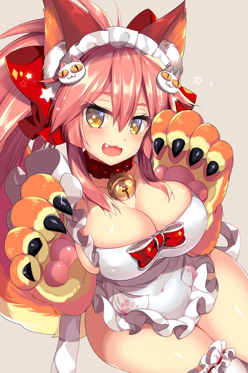 1girl animal_ears apron bell bell_collar bow breasts cat_hair_ornament collar fang fate/grand_order fate_(series) fox_ears fox_tail gloves hair_between_eyes hair_bow hair_ornament highres jingle_bell large_breasts leg_garter looking_at_viewer maid_headdress naked_apron open_mouth paw_gloves paw_print paws pink_hair ringo_sui simple_background solo tail tamamo_(fate)_(all) tamamo_cat_(fate) yellow_eyes