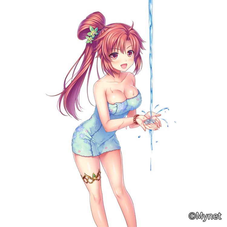 1girl :d bare_shoulders blush bracelet breasts cleavage hair_ornament high_ponytail jewelry large_breasts leaning_forward legband long_hair looking_at_viewer official_art open_mouth otosume_ruiko pink_eyes sangoku_infinity smile solo standing washing_hands water watermark wet