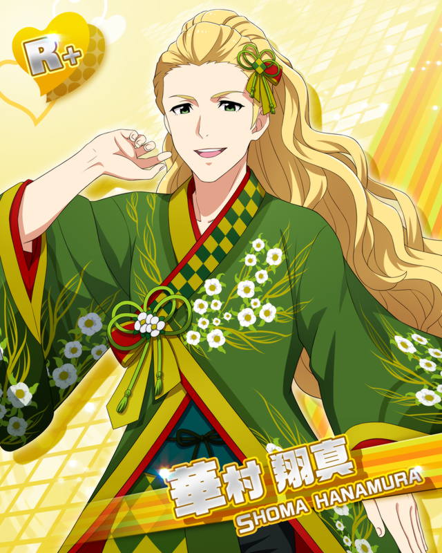 blonde_hair blush character_name green_eyes hanamura_shoma idolmaster idolmaster_side-m long_hair smile yukata