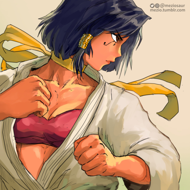 1girl black_hair bra breasts brown_eyes choker cleavage clenched_hands collarbone cosplay dark_skin dougi eye_of_horus facial_tattoo fighting_stance from_side hair_tubes looking_to_the_side makoto_(street_fighter) makoto_(street_fighter)_(cosplay) moize_opel overwatch pharah_(overwatch) red_bra ribbon_choker short_hair solo strapless strapless_bra street_fighter street_fighter_iii_(series) tattoo twitter_username underwear