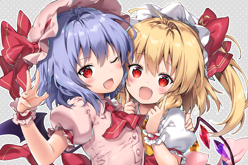 2girls :d ahoge arm_up bat_wings blonde_hair blouse blue_hair cravat eyebrows_visible_through_hair fang finger_to_cheek flandre_scarlet grey_background hair_between_eyes hand_on_another's_arm hat hat_ribbon hug index_finger_raised looking_at_viewer mob_cap multiple_girls one_eye_closed open_hand open_mouth pink_blouse polka_dot polka_dot_background puffy_short_sleeves puffy_sleeves red_eyes red_neckwear red_vest remilia_scarlet ribbon riichu short_hair short_sleeves siblings side_ponytail sisters smile touhou upper_body vest wings wrist_cuffs yellow_neckwear