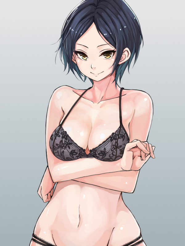 1girl bangs black_bra black_hair blush bra breasts cleavage closed_mouth collarbone crossed_arms floral_background gradient gradient_background graphite_(medium) groin hayami_kanade idolmaster idolmaster_cinderella_girls looking_at_viewer medium_breasts naga1047 parted_bangs short_hair smile solo traditional_media underwear underwear_only upper_body yellow_eyes