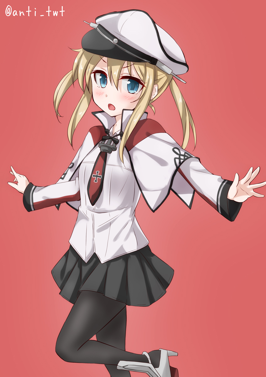 1girl anti_(untea9) black_legwear blonde_hair capelet celtic_knot flat_chest graf_zeppelin_(kantai_collection) grey_eyes hair_between_eyes hat highres iron_cross jacket kantai_collection looking_at_viewer military military_hat military_uniform miniskirt necktie pantyhose peaked_cap red_background sidelocks simple_background skirt solo standing standing_on_one_leg tsurime twintails twitter_username uniform white_hat younger