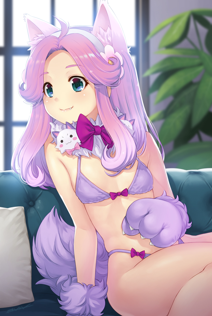 1girl ahoge animal_ears bangs bikini blush bow bow_bikini breasts cat_ears closed_mouth couch day eyebrows_visible_through_hair fang fang_out flower fur_collar gloves green_eyes hair_flower hair_ornament hairband hanami_kotoha indoors kazuma_muramasa lips long_hair mahou_girls_precure! parted_bangs paw_gloves paws pillow pink_hair plant potted_plant precure purple_bikini purple_bow sidelocks sitting skindentation small_breasts smile solo swimsuit window