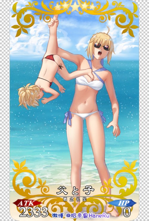 2girls ahoge artoria_pendragon_(all) beach bikini blonde_hair breasts card_(medium) card_parody child clouds cloudy_sky fate/grand_order fate_(series) full_body hair_ribbon haneru lifting lifting_person mordred_(fate)_(all) mordred_(swimsuit_rider)_(fate) mother_and_daughter multiple_girls ocean open_mouth parody red_bikini ribbon saber sand sky small_breasts star sunglasses swimsuit twitter_username upside-down white_bikini