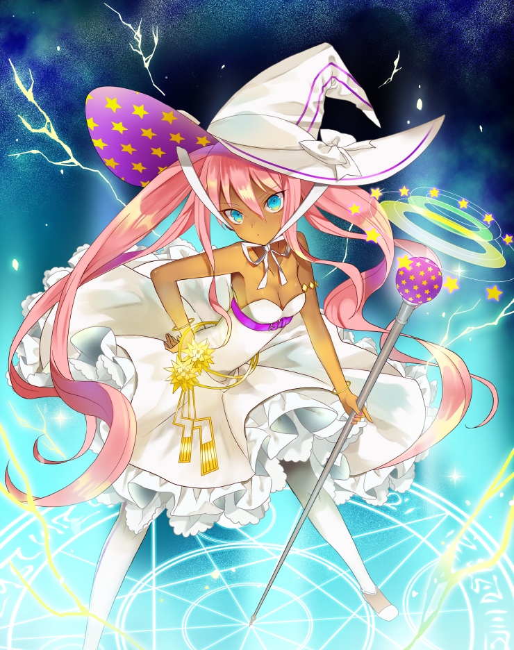 1girl :o aqua_eyes armlet armpits bangle bangs bare_arms bare_shoulders belt bow bracelet breasts character_request cleavage collarbone commentary_request dark_skin dress electricity eyebrows_visible_through_hair fantasy frilled_dress frills hair_between_eyes hand_on_hip hat hat_bow high_heels holding holding_staff jewelry leaning_forward legs_apart long_hair looking_at_viewer loose_belt magic magic_circle merueto million_arthur_(series) open_mouth original pantyhose pentagram petticoat pink_hair purple_belt shiny shiny_hair short_dress sideboob small_breasts solo staff standing strapless strapless_dress twintails v-shaped_eyebrows very_long_hair white_bow white_dress white_footwear white_hat white_legwear witch witch_hat