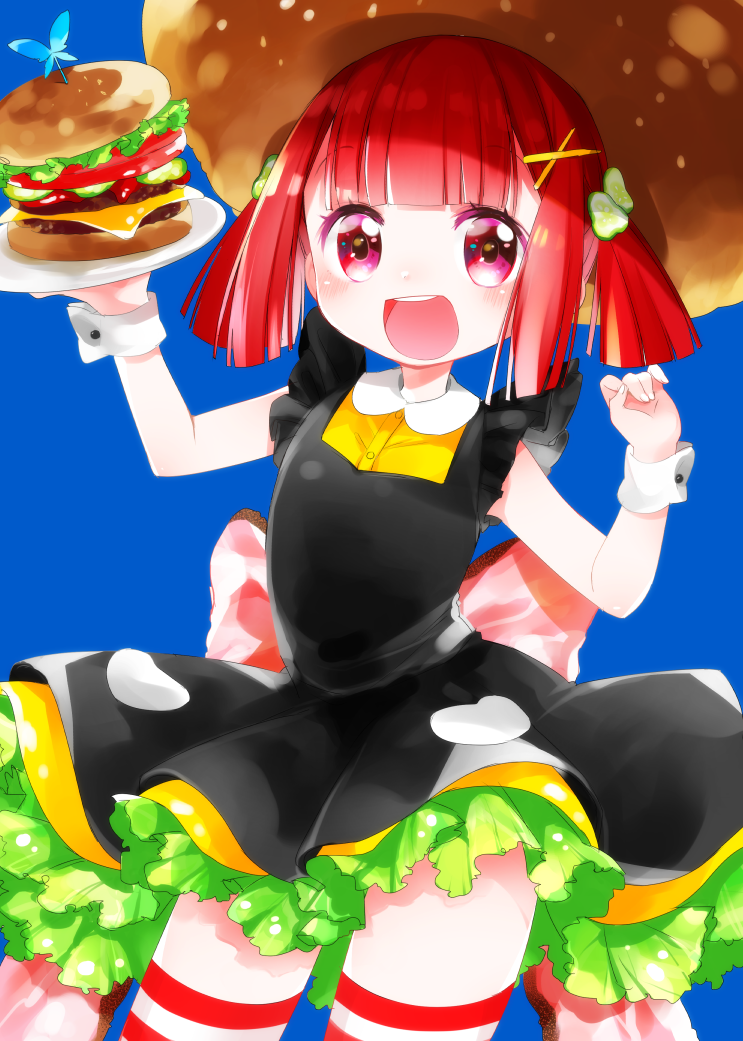 1girl :d arms_up black_dress blue_background blush commentary_request copyright_request dress food food_themed_clothes food_themed_hair_ornament hair_ornament hamburger holding holding_plate kurihara_sakura looking_at_viewer open_mouth plate redhead short_hair simple_background sleeveless sleeveless_dress smile solo striped striped_legwear thigh-highs upper_teeth violet_eyes wrist_cuffs x_hair_ornament