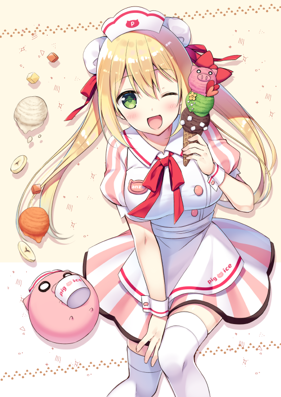 1girl ;d animal apron bangs blonde_hair blush bun_cover commentary_request double_bun dress eyebrows_visible_through_hair food green_eyes hair_between_eyes hand_on_own_knee head_tilt holding holding_food ice_cream ice_cream_cone ice_cream_cup long_hair one_eye_closed open_mouth original pig puffy_short_sleeves puffy_sleeves short_sleeves side_bun smile solo striped sumisaki_yuzuna thigh-highs triple_scoop twintails vertical-striped_dress vertical_stripes very_long_hair white_apron white_legwear