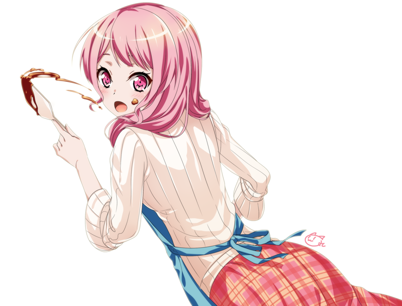 1girl :o apron bang_dream! bangs blue_apron blush chocolate chocolate_on_face commentary_request dutch_angle food food_on_face hair_over_shoulder holding_spatula long_hair long_sleeves looking_at_viewer looking_back maruyama_aya nyanmaru_(ememing) pink_eyes pink_hair plaid plaid_skirt ribbed_sweater signature simple_background skirt solo spatula sweater white_background white_sweater