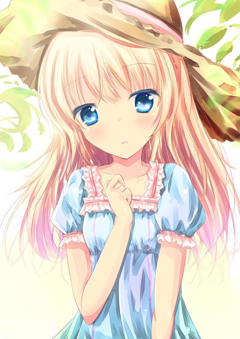 1girl bangs blonde_hair blue_eyes blue_shirt blush breasts collarbone commentary_request eyebrows_visible_through_hair hair_between_eyes hand_on_own_chest hand_up hat head_tilt long_hair looking_at_viewer original parted_lips puffy_short_sleeves puffy_sleeves shihou_haru shirt short_sleeves small_breasts solo straw_hat upper_body
