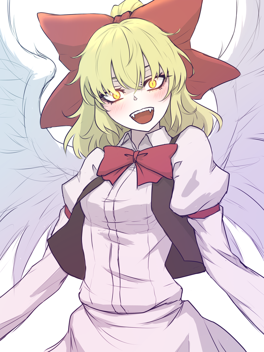1girl :d blonde_hair blush bow bowtie breasts brown_vest commentary_request dress fangs feathered_wings gengetsu hair_bow head_tilt highres juliet_sleeves long_sleeves medium_breasts medium_hair miata_(miata8674) open_mouth puffy_sleeves red_bow red_neckwear simple_background slit_pupils smile solo standing touhou touhou_(pc-98) upper_body vest white_background white_dress white_wings wing_collar wings yellow_eyes
