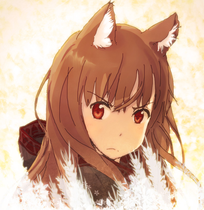 1girl angry animal_ears brown_hair commentary_request eyebrows_visible_through_hair holo long_hair looking_at_viewer red_eyes solo spice_and_wolf takhino wolf_ears