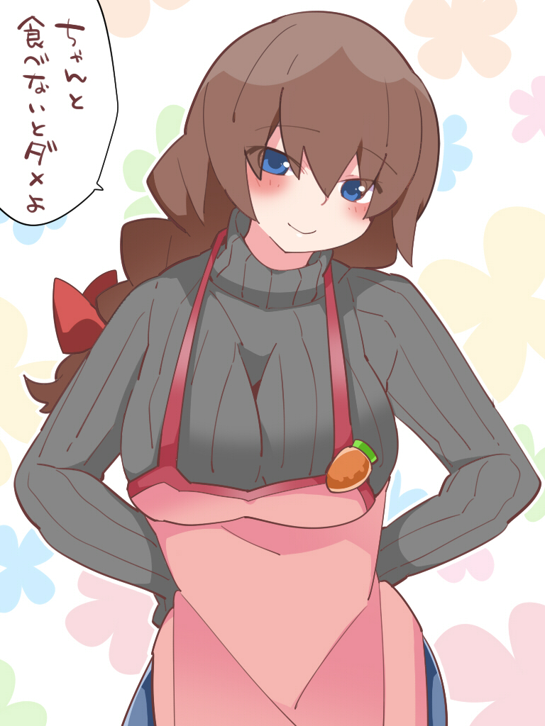 1girl apron blue_eyes braid breasts brown_hair carrot commentary_request hair_ribbon hammer_(sunset_beach) hands_on_hips large_breasts long_hair looking_at_viewer original ribbed_sweater ribbon single_braid smile solo sweater translation_request