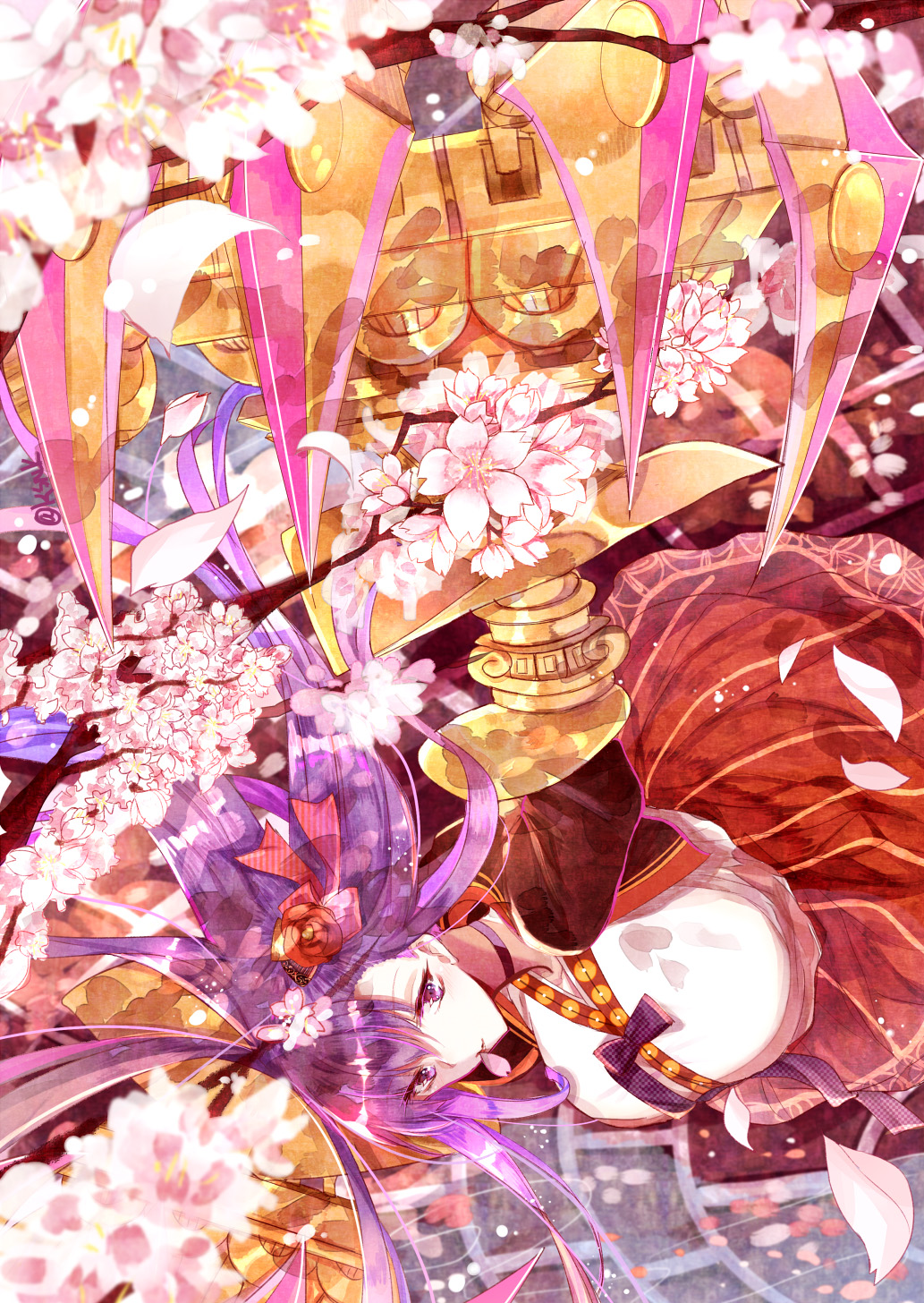 1girl alternate_costume breasts fate/extra fate/extra_ccc fate/grand_order fate_(series) flower gevjon hair_flower hair_ornament highres japanese_clothes large_breasts long_hair mouth_hold passion_lip petals purple_hair signature solo very_long_hair violet_eyes