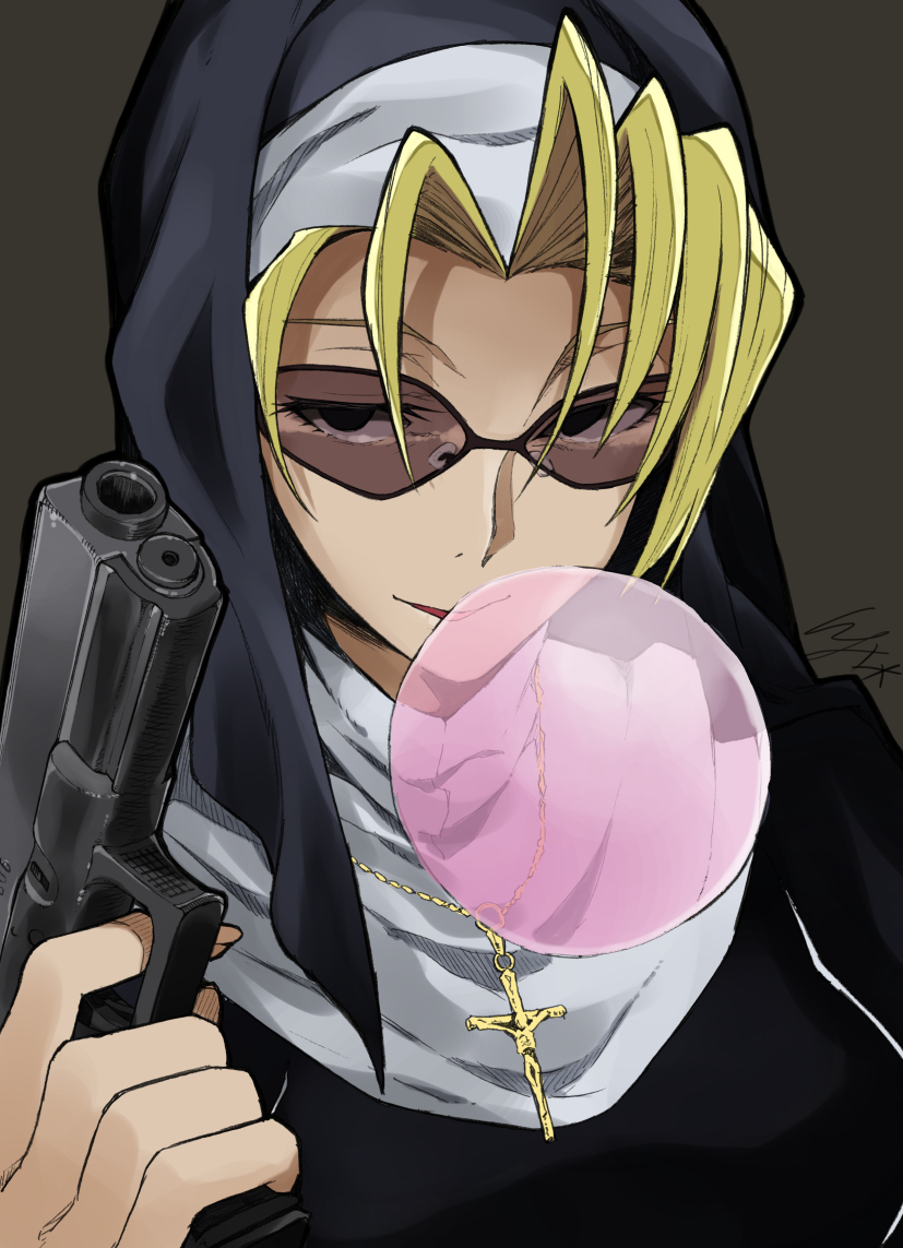 1girl black_eyes black_lagoon blonde_hair breasts bubble_blowing chewing_gum cross cross_necklace eda_(black_lagoon) eyebrows eyelashes finger_on_trigger fingernails grey_background gun habit hair_intakes handgun holding holding_gun holding_weapon io_naomichi jewelry long_fingernails medium_breasts necklace nun open_mouth short_hair simple_background smile solo sunglasses turtleneck upper_body weapon